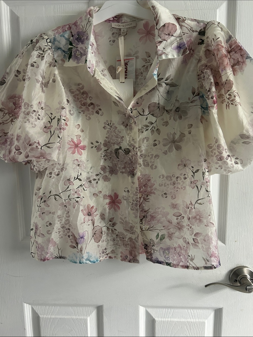 Floral Puff-Sleeve Button Front Top in Cream and Pastel Floral